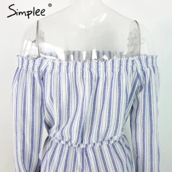 Simplee Apparel Blue And White Pinstripes Off the Shoulder Romper Women L - Picture 7 of 9